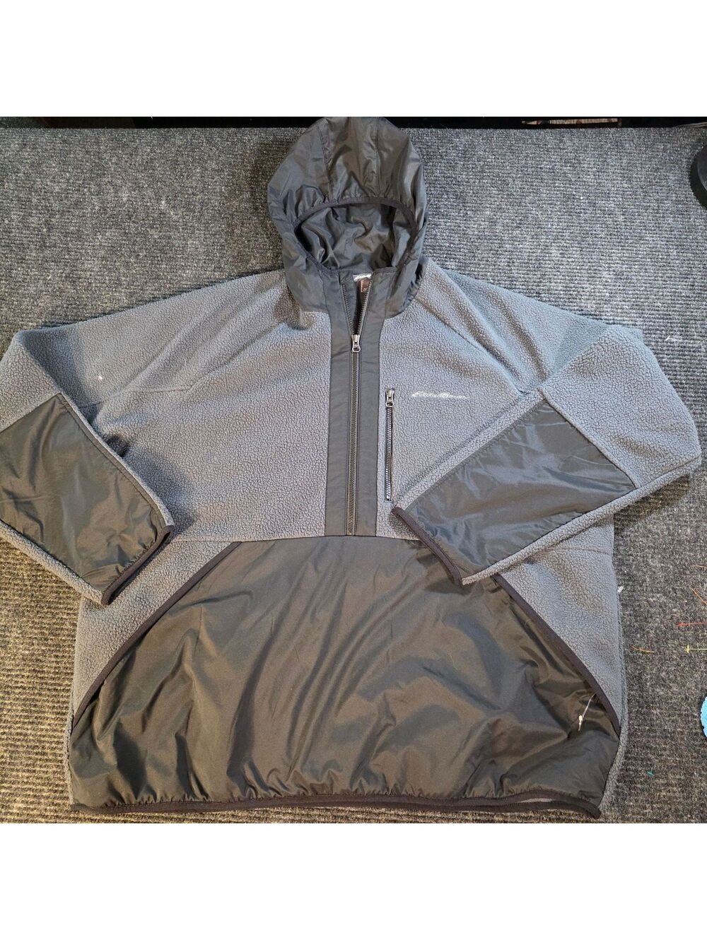 Eddie Bauer Gray and Black Hooded Fleece Pullover Jacket